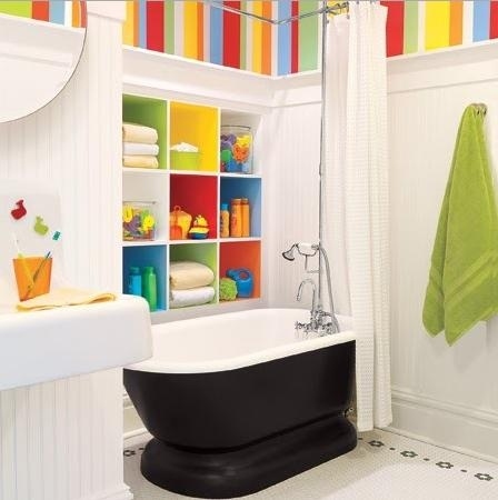 Paint the insides of cubby holes bright colors for a kids&#39; bathroom.